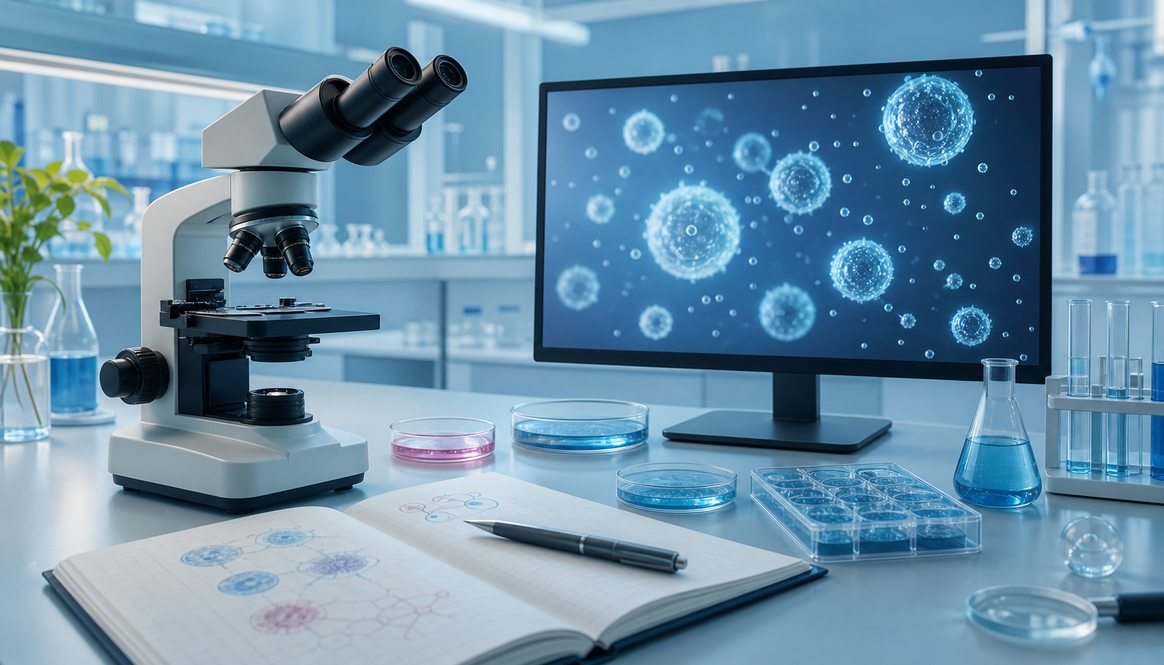 顕微鏡、培養皿、ＥＶ粒子の観察画面、研究ノートが置かれた研究環境